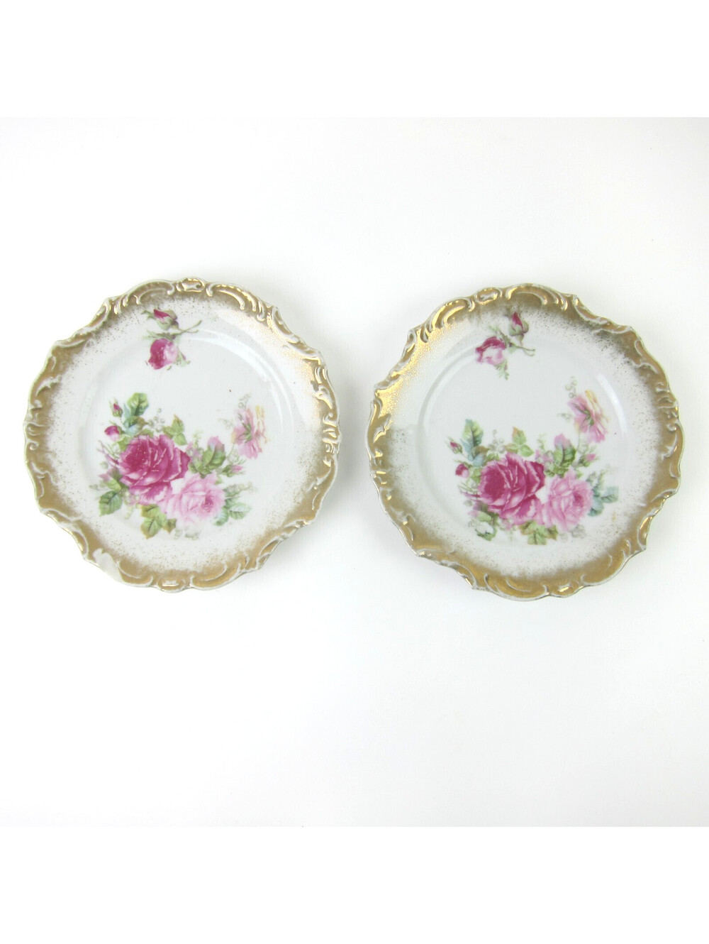 2 Antique German Porcelain Plates Roses Flowers Gold Rim 6.25" Green Circa 1910